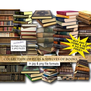 Piles of books.Shelf of books.Antique books.Book stack,old books png.Scrapbook,junk journal,miniature books,stack of old library books