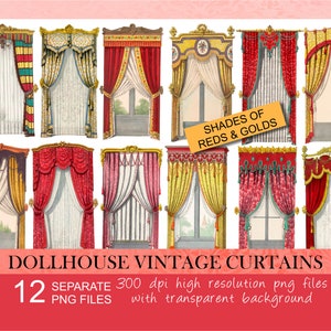 Dollhouse ornate vintage curtains. 1:12 scale dollhouse decor.Victorian window.Antique red curtain.Miniature paper curtains.Digital clipart