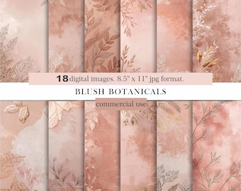 Blush Botanical Digital Paper, Rose Gold Leaf Backgrounds, Floral Printable Scrapbook Paper, 18 JPG Pink Textured Papers, Commercial Use