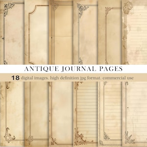 Könnte beinhalten: Eine Sammlung antiker Journalseiten mit dekorativen Rändern und gealterten Papiertapeten. Die Seiten weisen verzierte Eckdesigns auf und sind in verschiedenen Beige- und Brauntönen gehalten. Der Text unten lautet "ANTIQUE JOURNAL PAGES" und "18 digital images. high definition jpg format. commercial use."