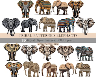 Clipart di elefanti tribali. 19 illustrazioni di elefanti africani in formato PNG. Arte naturalistica in stile safari boho. Download digitale istantaneo. Uso commerciale.