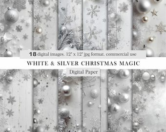 White & Silver Christmas Digital Paper. Elegant Winter Snowflake Backgrounds.Luxury Xmas Scrapbook Papers.Silver Xmas baubles.Commercial Use