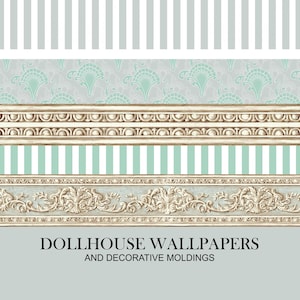 Antique Victorian Dollhouse wallpaper.Decorative moldings. 1:12 scale dollhouse decor. Blue Dollhouse wallpaper.Digital download