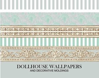 Antique Victorian Dollhouse wallpaper.Decorative moldings. 1:12 scale dollhouse decor. Blue Dollhouse wallpaper.Digital download