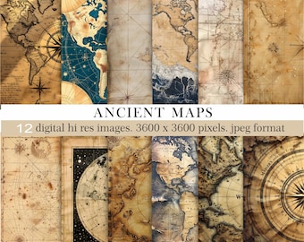 Antique Maps Digital Paper, Vintage Maps, World Map Scrapbook Paper Pack, Ancient maps, Old paper textures, Instant download, Commercial use