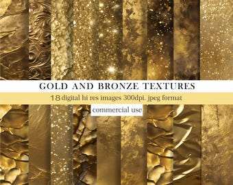 Gold and Bronze Digital Textures | 18 Metallic Backgrounds | Luxury Foil JPEGs for Scrapbooking, Invitations & Design. Commercial Use