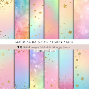 Papel digital com céu estrelado em arco-íris, fundos pastel ombré com estrelas douradas, papéis para scrapbook mágicos, céu de unicórnio, uso comercial