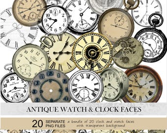 Vintage clock faces clipart. Antique clock clipart, vintage watch, clock tags, steampunk old watch. Vintage png clock, watch face clipart