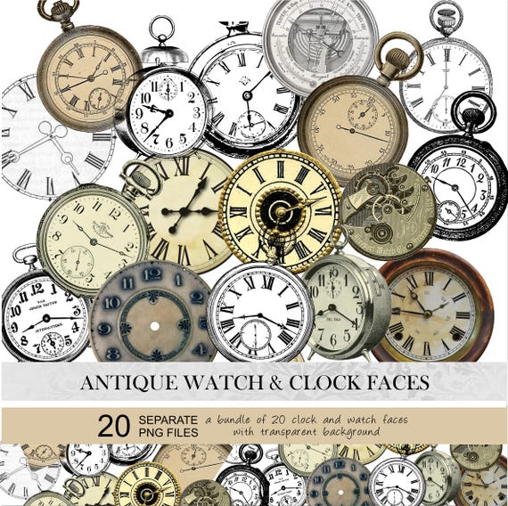 Vintage clock faces clipart. Antique clock clipart, vintage watch, clock tags, steampunk old watch. Vintage png clock, watch face clipart