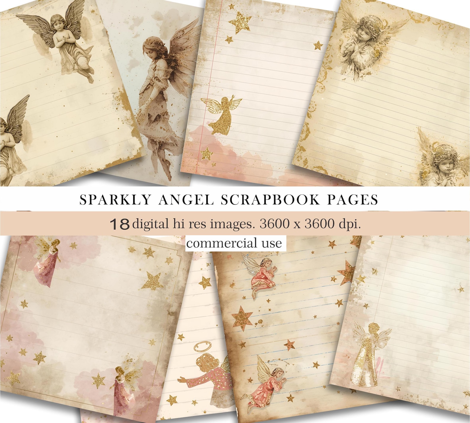 Sparkly Angel Digital Paper.vintage Scrapbook Journal Pages.printable ...