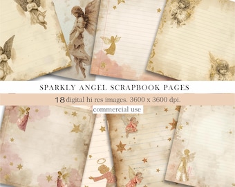 Sparkly Angel Digital Paper.Vintage Scrapbook Journal Pages.Printable Angel Stationery.Religious Notepaper.Digital Download.Commercial Use