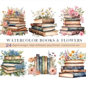 May include: A set of 24 digital watercolor illustrations of vintage books and flowers. The illustrations feature stacks of books with floral arrangements on top. The flowers are in shades of pink, white, yellow, and blue. The books are in shades of brown, green, and blue.