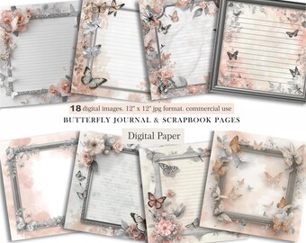 Vintage Butterfly Lined Journal Pages.Floral Scrapbook Paper Set.Floral Butterfly Stationery Writing Papers. Digital download.Commercial Use