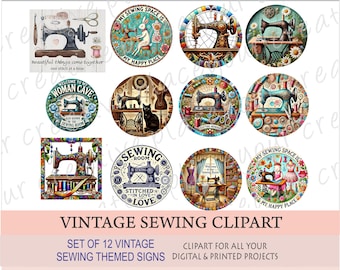 Vintage naaiclipart. Digitale download. Vintage naaimachine. Antieke naaicollage. Cadeaulabel naaien. Ambachtelijke kamerinrichting. Commercieel gebruik