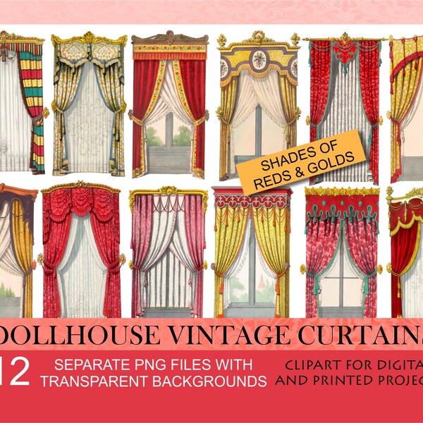 Dollhouse ornate vintage curtains. 1:12 scale dollhouse decor.Victorian window.Antique red curtain.Miniature paper curtains.Digital clipart