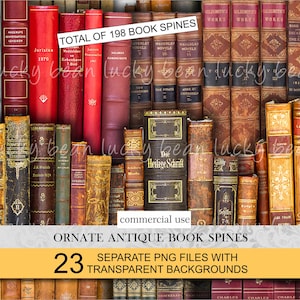 Clipart z grzbietami starych książek | Cyfrowe pobieranie antycznych książek | Wystrój starej biblioteki w formacie PNG | Miniaturowe okładki książek do druku