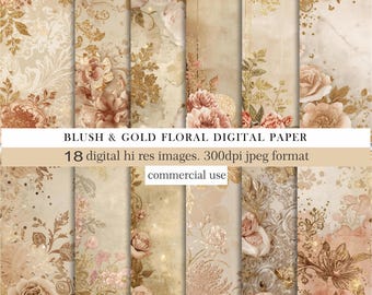 Digitalt papper med rouge och guldfärgade blommor, scrapbookingbakgrunder med vintagerosor, eleganta dagbokssidor, utskrivbara bröllops-ephemera. Kommersiellt bruk
