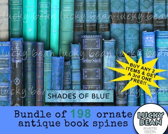 Vintage book spine.198 ornate blue spines.Antique book.Scrapbook,journal,collage sheet,miniature book,digital download,Victorian book cover