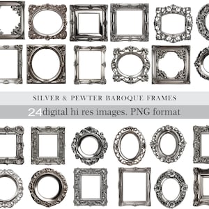 Marcos barrocos plateados. Marcos ornamentados de peltre vintage. Marcos antiguos en miniatura. Borde digital decorativo para scrapbooking y manualidades.