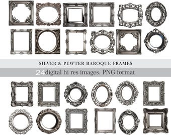 Silver Baroque Frames Clipart.Vintage Pewter Ornate Frame Clipart.Antique miniature frame.Decorative Digital Border for Scrapbooking & Craft
