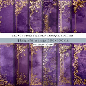 Grunge Violet paper and Gold Baroque Borders Digital Paper,Purple Journal Pages,Vintage Scrapbook Backgrounds,Printable Paper,Commercial Use