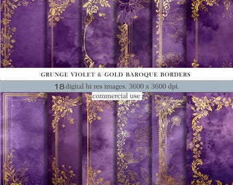 Grunge Violet paper and Gold Baroque Borders Digital Paper,Purple Journal Pages,Vintage Scrapbook Backgrounds,Printable Paper,Commercial Use