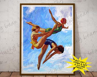 Vintage Diving Girls Wall Art, Retro Swimmers Digital Print, 1930s Style Summer Beach Illustration, Springboard Diving Poster,Commercial Use