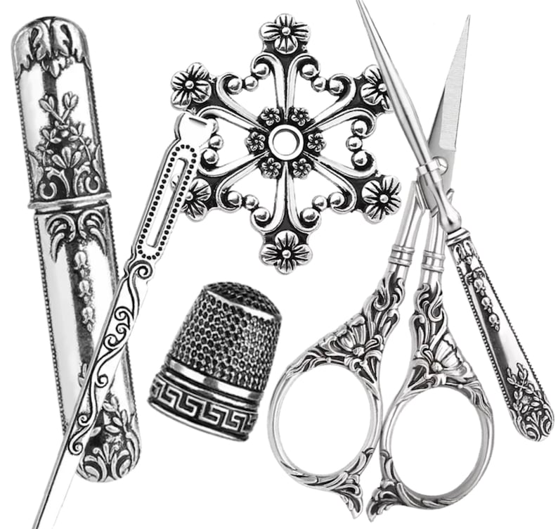 Vintage Sewing Tool Set With Scissors, Thimble, Needle Case, Punch & Threader - Complete Alloy Kit