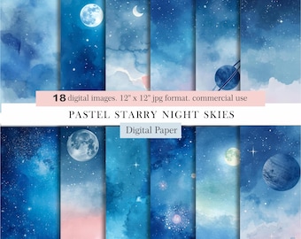 Starry Blue Night Skies Digital Paper, Galaxy Scrapbook, Pastel Starry Night Paper, Watercolor Sky Backgrounds, Moon & Stars, Commercial Use