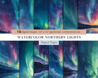 Watercolor Northern Lights Digital Paper, Aurora Borealis Backgrounds, Night Sky Scrapbook Paper, Galaxy Journal Pages, Commercial Use