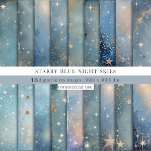 Papel digital de cielos nocturnos azules estrellados / 18 fondos de estrellas / Álbum de recortes galáctico, diario basura, imprimible celestial. JPG de alta resolución para uso comercial.