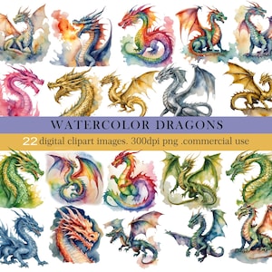 Watercolor Dragon Clipart Bundle,Fantasy Dragon PNG Images, Fire-Breathing Dragon Art, Dragon Stickers,Digital Download, Commercial Use