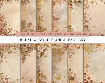 Blush Gold Floral Digital Paper, 18 Floral Backgrounds, Vintage Boho Printable Scrapbook Pages, Stars & Flowers, Commercial Use
