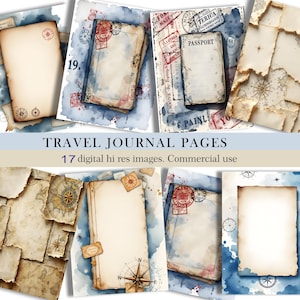 Travel Journal Pages – Vintage Map & Passport Digital Papers, Scrapbook Backgrounds, Adventure Junk Journal. Commercial use allowed