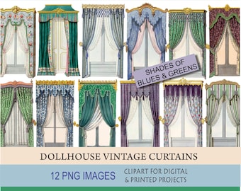 Puppenhaus Vintage Gardinen. 1:12 Viktorianisches Fenster. Antiker blauer Vorhang Clipart. Miniatur-Papiergardinen. Digitaler Download