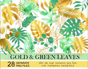 Green & gold leaf clip art.Watercolor green foliage.Png shiny gold leaf.Tropical leaf.Printable leaf download.Wedding clipart.Leaf collage.