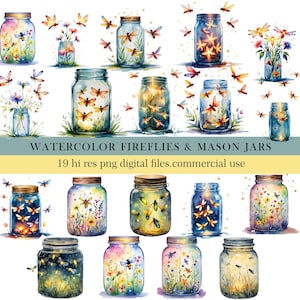 Watercolor Fireflies and Mason Jars Clipart. PNG Digital Firefly Jar Images for Scrapbooking, Crafts & Sublimation. Commercial Use Allowed.