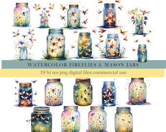Watercolor Fireflies and Mason Jars Clipart. PNG Digital Firefly Jar Images for Scrapbooking, Crafts & Sublimation. Commercial Use Allowed.