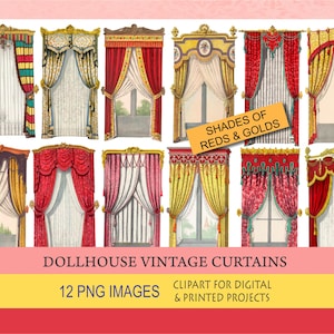 Dollhouse ornate vintage curtains. 1:12 scale dollhouse decor.Victorian window.Antique red curtain.Miniature paper curtains.Digital clipart