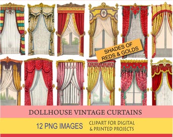 Puppenstube verschnörkelte Vintage Gardinen. 1:12 skala Puppenhaus Dekor.Viktorianische Fenster.Roter Vorhang.Miniatur Papier Vorhänge.Digitale Clip Art