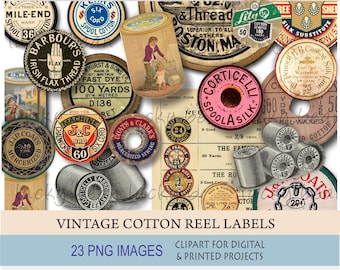 Antique thread spool labels.Vintage cotton reel.Antique spool labels.Victorian cotton reel labels.Wooden cotton reel labels.Sewing collage