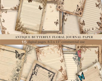 Butterfly Floral Journal Paper. Printable Antique Lined Pages. Vintage Stationery for Journals & Scrapbooks. Digital Download.Commercial Use