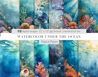 Watercolor Under the Ocean Digital Paper. Sea Life & Coral Backgrounds. Blue Ocean Scrapbook Paper. Underwater art download. Commercial Use