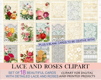 Pode incluir: Conjunto de 18 cartões de clipart digital com designs de rosas e renda. Os cartões são perfeitos para projetos digitais e impressos.  MAIS 9 CARTÕES EM BRANCO PARA SER CRIATIVO!
