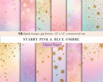 Starry Pink & Blue Ombre Digital Paper, Gold Glitter Stars Backgrounds,Pastel Galaxy Scrapbook Paper,Digital Download,Commercial Use