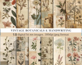 Vintage Botanical Digital Paper, Antique Handwriting Backgrounds, Printable Scrapbook Journal Pages, Ephemera Collage Sheets. Commercial Use