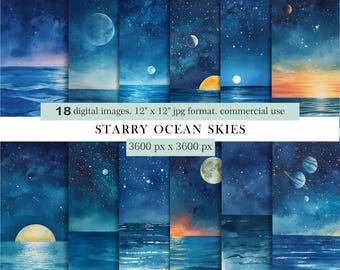 Starry Ocean Skies Digital Paper. Night Sea Backgrounds. Moon & Stars Over Water. Galaxy Sky Scrapbook JPGs. Watercolor Skies.Commercial Use