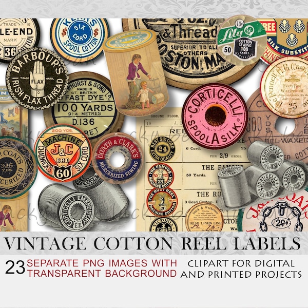 Antique thread spool labels.Vintage cotton reel.Antique spool labels.Victorian cotton reel labels.Wooden cotton reel labels.Sewing collage