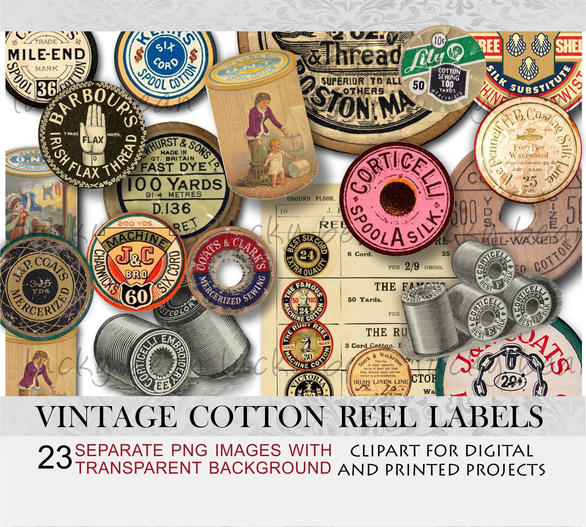 VINTAGE THREAD SPOOL Labels Printable Craft Circles Instant Digital  Download Cotton Reel Pendants Bottlecaps Collage Sheet 
