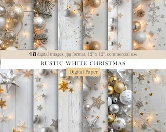 Rustic White Christmas Digital Paper. Gold & Silver Holiday Backgrounds. Winter Scrapbook Papers. Xmas Backdrops.Xmas Journal.Commercial Use